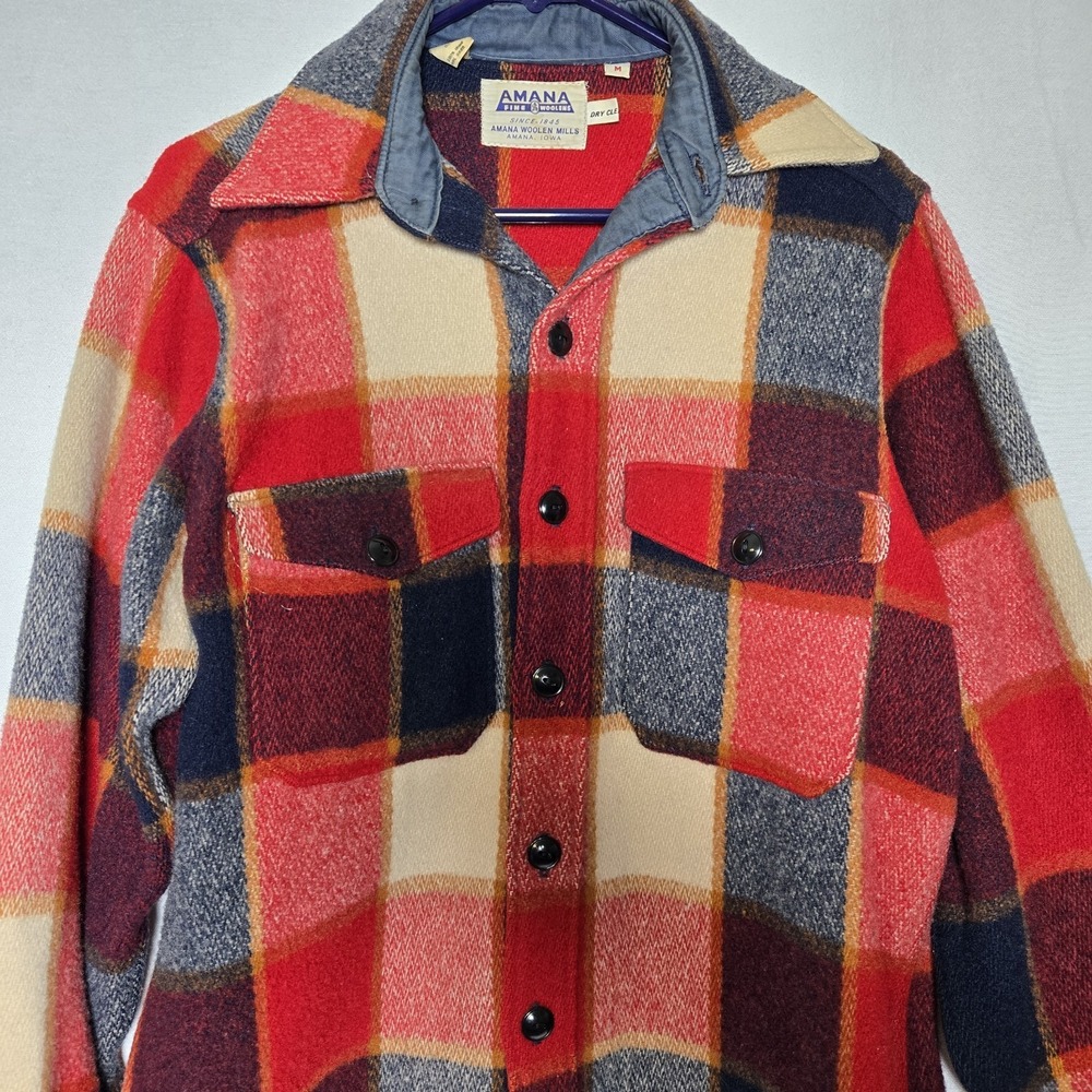 Vintage AMANA Fine Woolen Mills Wool Red Blue‎ Plaid Jacket Shirt Mens M Shacket